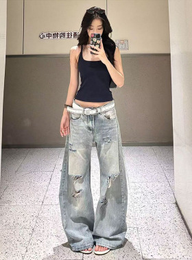 高个子加长美式复古水洗蓝破洞弯刀牛仔裤女宽松显瘦阔腿拖地裤子