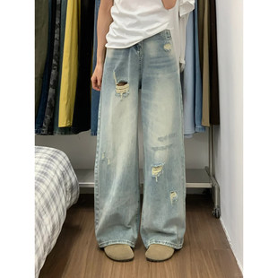 浅色水洗做旧破洞阔腿牛仔裤女高腰通勤休闲宽松显瘦百搭拖地裤