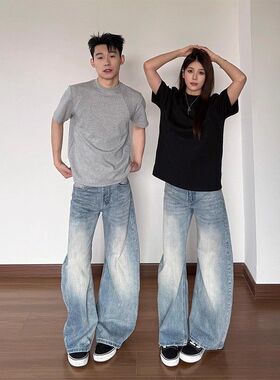 蓝色美式复古直筒牛仔裤女款夏季显瘦裤子垂坠感cleanfit休闲裤