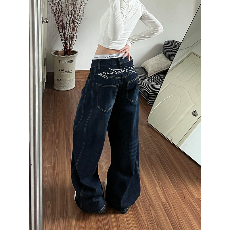 美式复古高街阔腿牛仔裤女