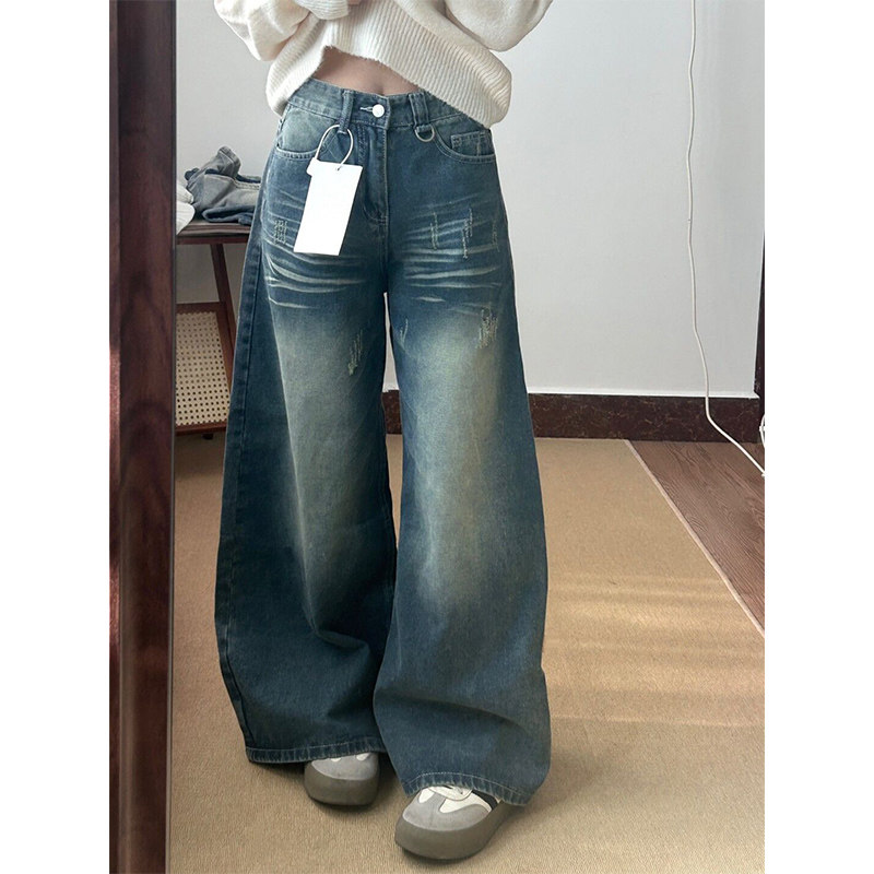 2026年新年美式复古怀旧蓝阔腿牛仔裤女高腰垂感宽松梨形拖地裤子,女装/女士精品,牛仔裤,淘宝优惠券,粉丝福利购,淘宝优惠卷