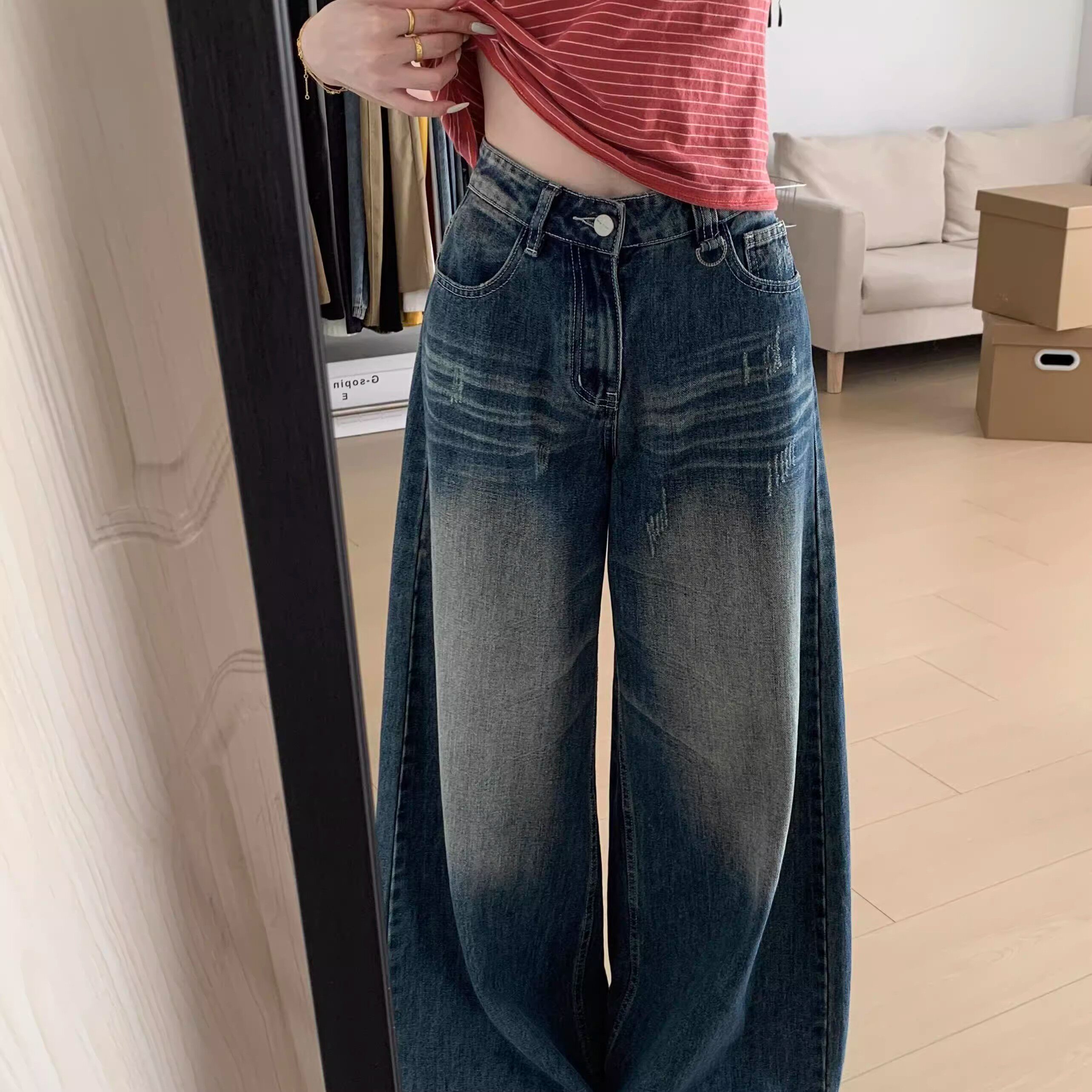 美式复古磨破阔腿牛仔裤