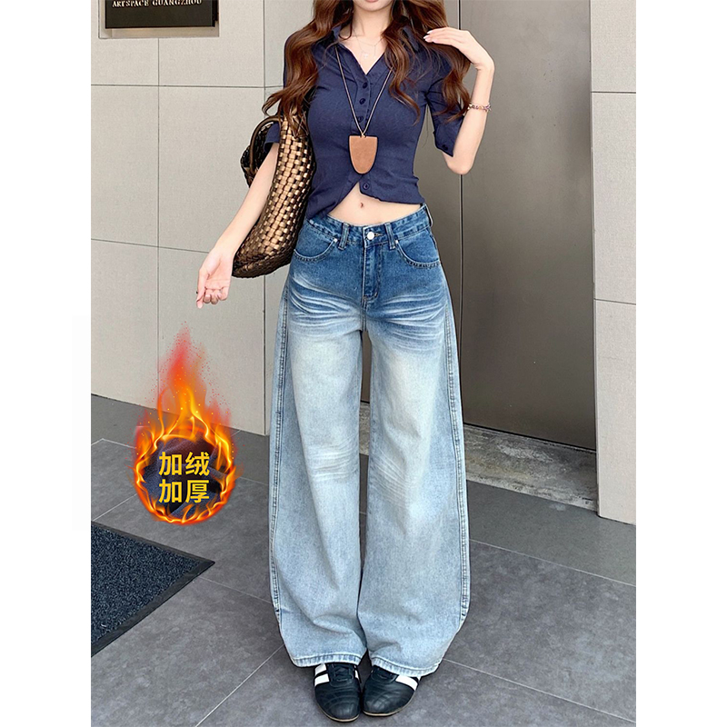 低腰显瘦加绒美式复古弯刀秋季