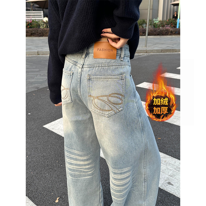 美式复古刺绣弯刀牛仔裤女