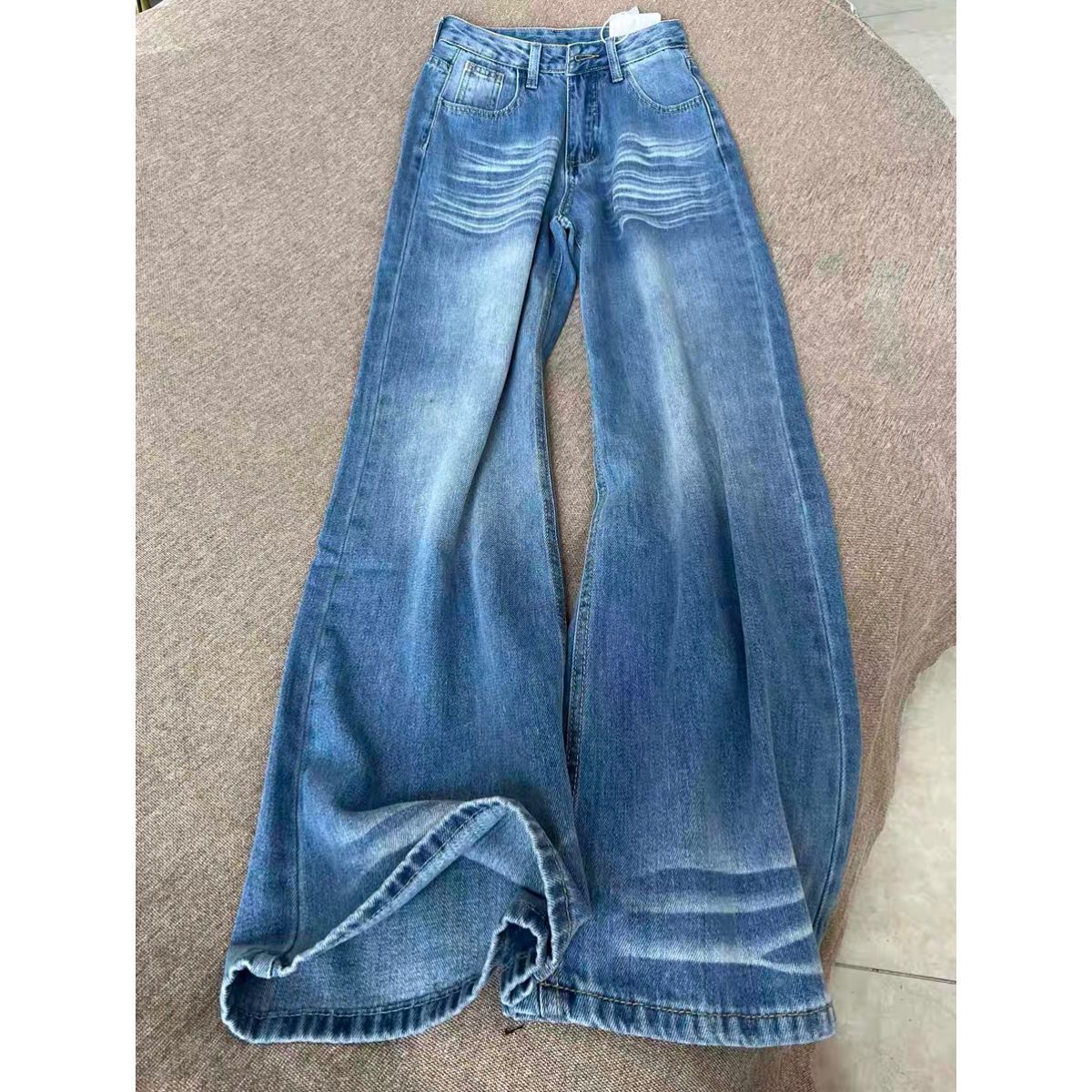 加长版复古美式折痕阔腿牛仔裤女