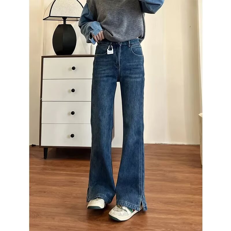 胖MM开叉直喇牛仔裤女2025新款梨形身材大码显瘦高腰裤子KX88765