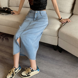 夏季轻薄天丝牛仔半身裙女开叉大码垂感微胖显瘦遮胯高腰宽松裙子