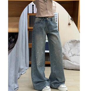 女胖mm高腰宽松阔腿直筒裤 重工烫钻满天星牛仔裤 KX88828 美式 大码