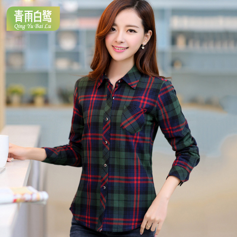 纯棉衬衫女长袖百搭新款衬衣休闲寸修身洋气妈妈韩范大码格子外套