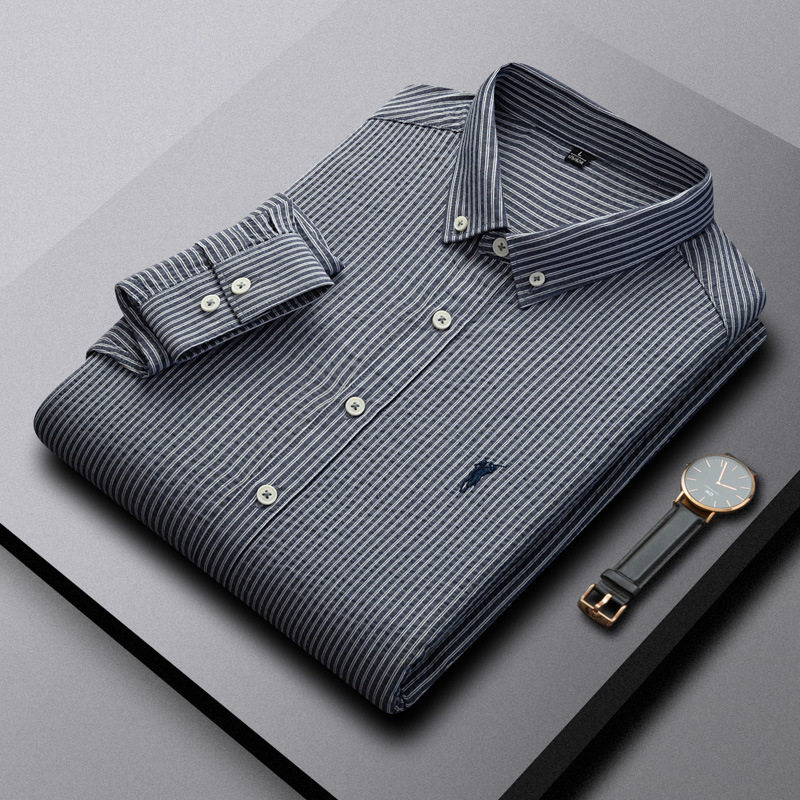 条纹纯棉保罗男士长袖衬衫春秋季商务休闲刺绣马标中青年衬衣上衣