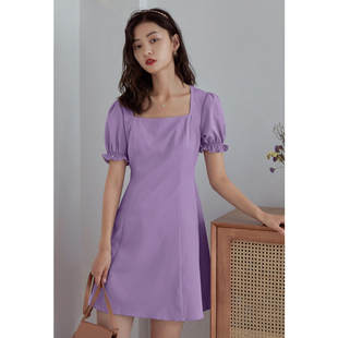 弥古法式方领紫色连衣裙小个子泡泡袖雪纺短裙女夏海边度假沙滩裙