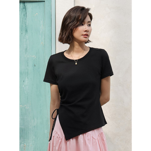 弥古黑色短袖透气圆领正肩t恤女夏修身白色下摆不规则上衣高级感