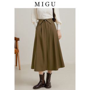 弥古2025秋冬棕色百褶裙美拉德a字半身裙女小个子半裙设计感裙子