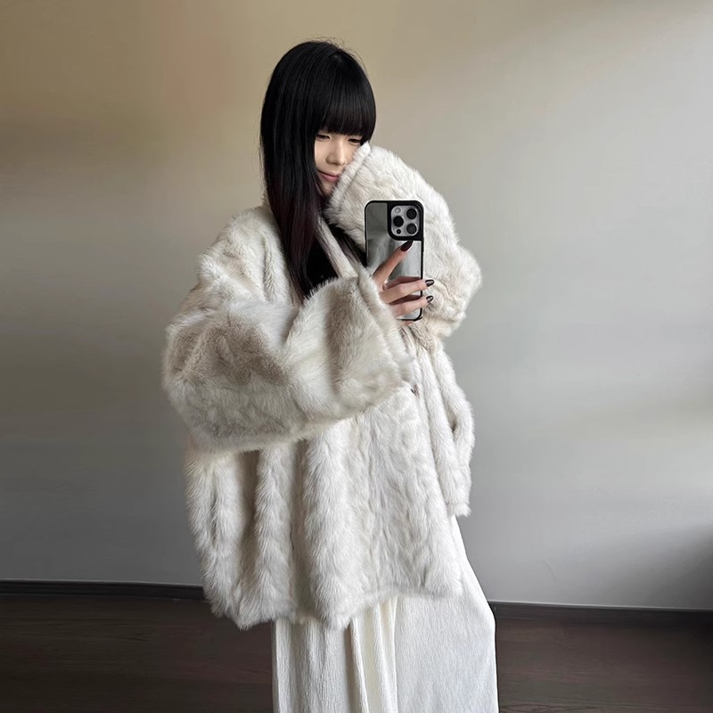 云雾石狐慵懒风廓形宽松皮毛一体环保小湖羊水貂毛毛外套女冬皮草