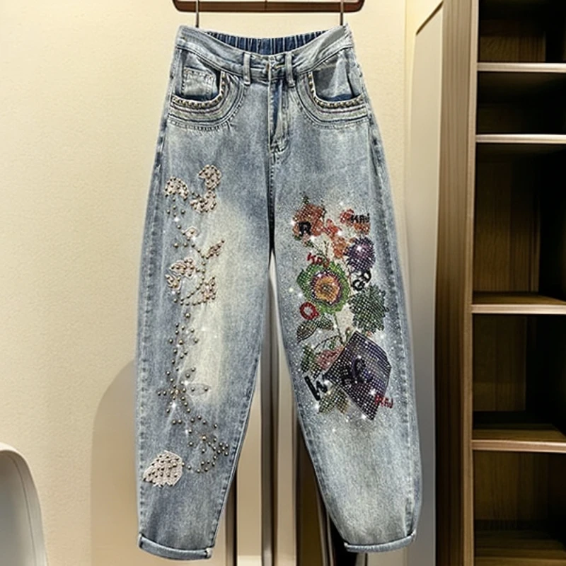 松紧腰宽松九分哈伦刺绣烫钻垮裤