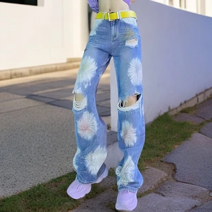 女设计感 2025年流行夏季 女装 新款 洋气高腰显瘦破洞直筒阔腿牛仔裤