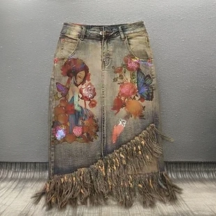春季 休闲印花不规则牛仔半身裙女流苏包臀裙 2025新款 今年流行爆款