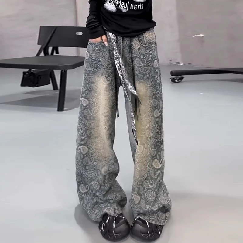 2025秋季新款复古休闲腰果提花牛仔裤高腰宽松阔脚裤休闲拖地长裤