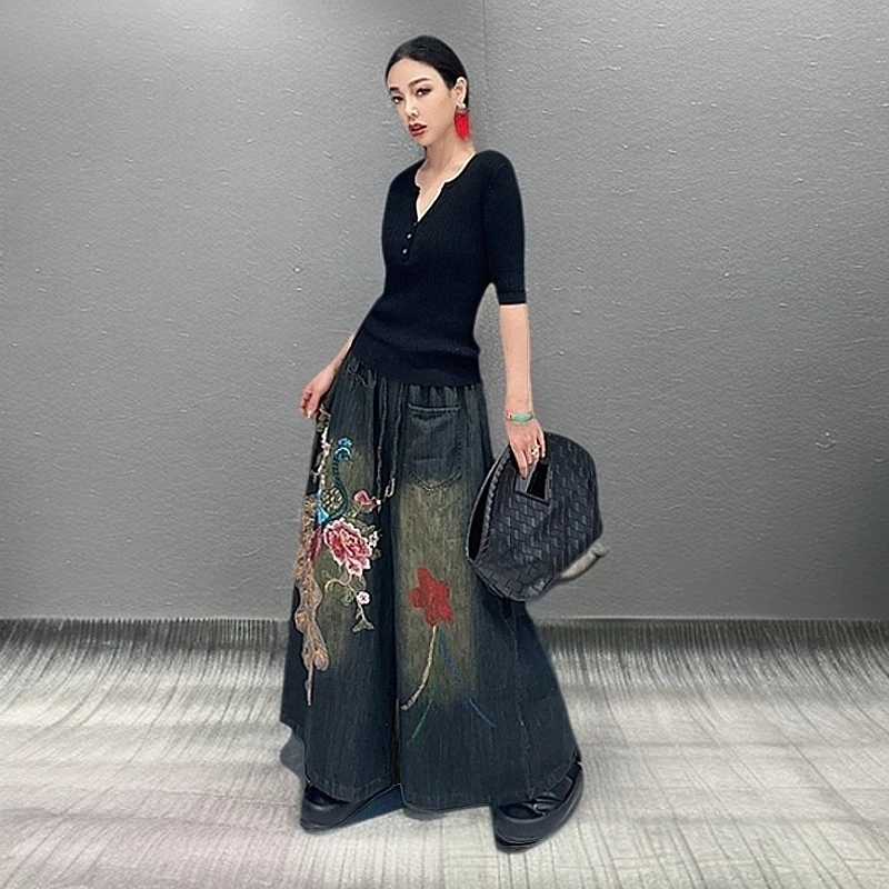 2025夏季流行新款爆款小众宽松绣花九分裤女彩绘刺绣牛仔阔腿裤