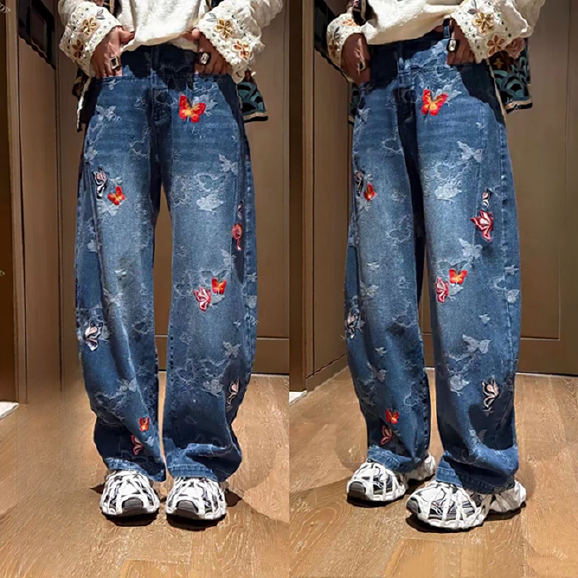 重工蝴蝶刺绣设计时尚弯刀牛仔裤
