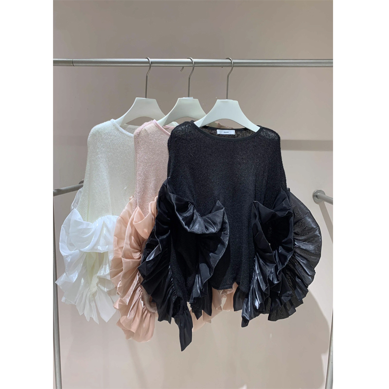 拼接袖子上衣圆领纯色针织打底衫