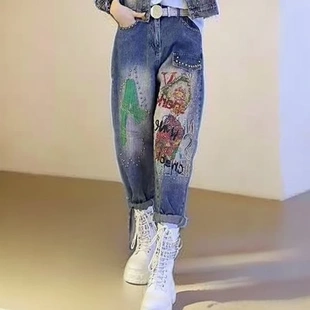 女九分哈伦裤 2025夏季 饰彩色字母牛仔裤 新款 不掉色做旧重工钉珠装