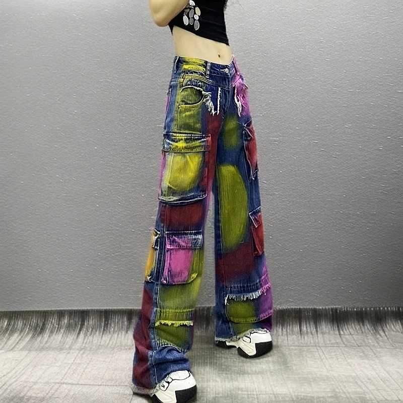 高腰涂鸦彩绘印花牛仔裤阔腿裤女