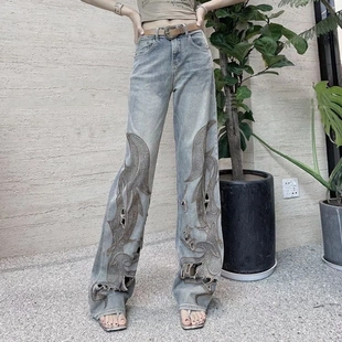 原创定制欧货重工刺绣烫钻高腰显瘦牛仔裤 女夏季 复古阔腿拖地长裤