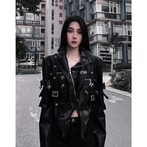 网红独特工装多拉链PU皮衣外套女