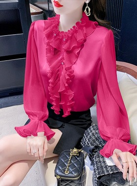复古女款衬衣红色法式娃娃领灯笼袖衬衫女秋装设计感小众上衣轻奢