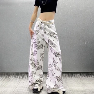女宽松百搭直筒阔腿长裤 2025夏季 花朵印花扎染牛仔裤 流行新款 爆款