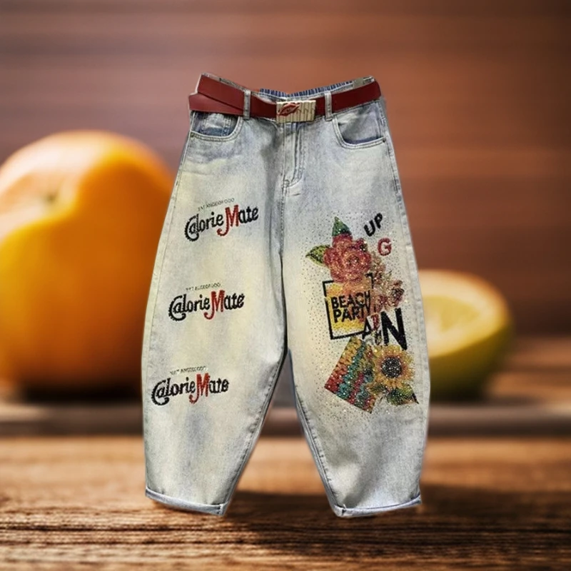 个性潮流印花字母烫钻刺绣小个子牛仔裤女春季百搭宽松哈伦九分裤