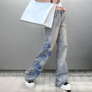 女宽松直筒长裤 2025夏季 小众刺绣高腰显瘦牛仔阔腿裤 流行新款 爆款