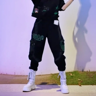 新款 夏季 高级设计感复古拼色印花字母松紧腰显瘦牛仔裤 女哈伦裤