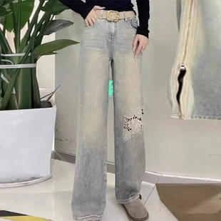 时尚 休闲百搭显瘦气质做旧高腰牛仔裤 女设计感复古水洗直筒阔腿裤