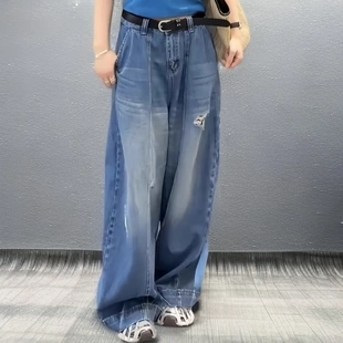 流行新款 小众显瘦破洞阔腿牛仔裤 2025夏季 爆款 女时尚 弯刀拖地长裤