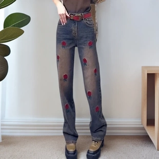 流行新款 小众高腰显瘦阔腿长裤 2025秋季 爆款 女 个性 刺绣花朵牛仔裤