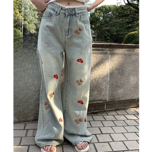 2025夏季 新款 复古蕾丝边拼接刺绣牛仔裤 女高腰显瘦宽松直筒休闲裤