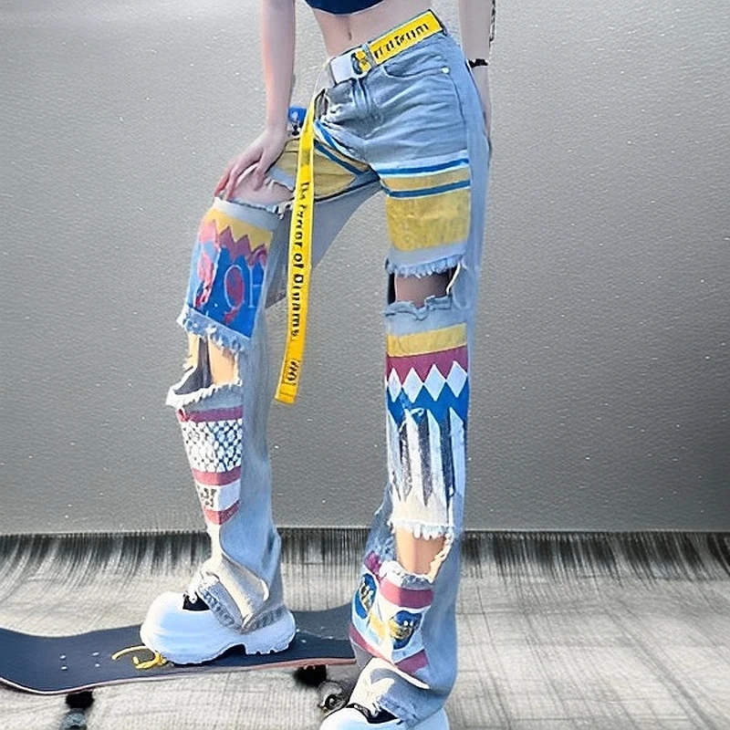 牛仔撞色涂鸦印花破洞阔腿拖地裤