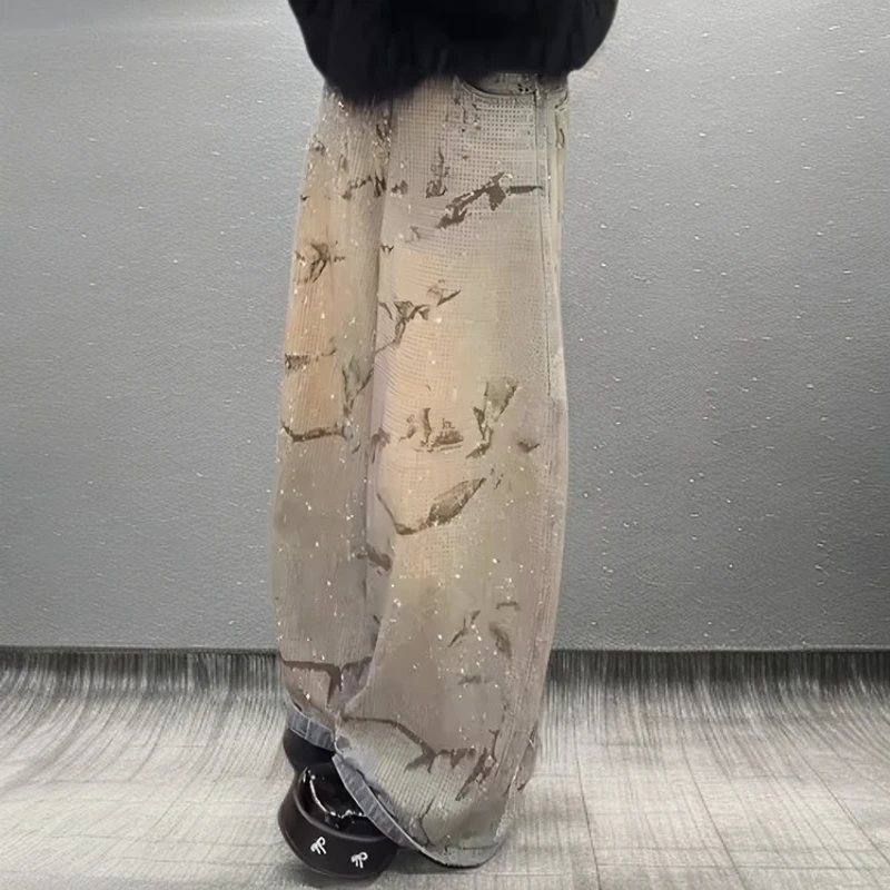复古重工烫钻水洗牛仔裤女