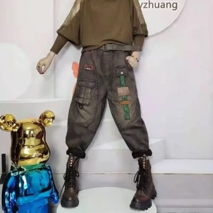 女春季 复古做旧百搭潮流宽松个性 饰牛仔哈伦裤 水洗时尚 显瘦钉珠装