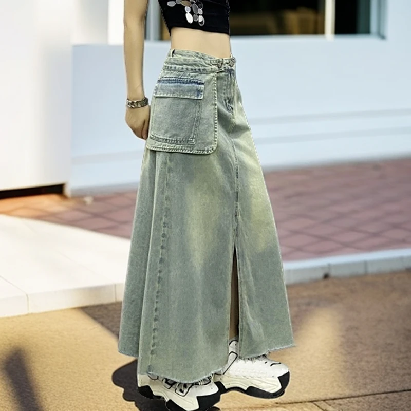 大口袋开叉高腰牛仔半身裙女