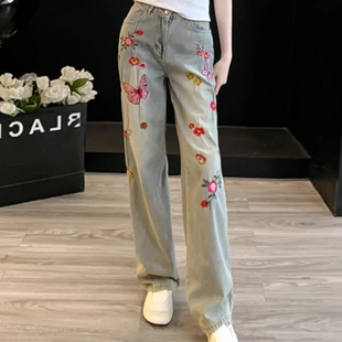 休闲拖地阔腿长裤 2025夏季 女窄版 新款 复古花朵刺绣高腰直筒牛仔裤