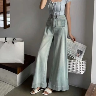 子女 2025夏季 新款 复古休闲高腰直筒牛仔裤 女显瘦垂感微喇叭阔腿裤