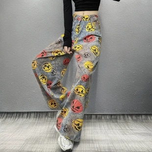 女阔腿长裤 2025夏季 小众宽松彩绘印花扎染水洗牛仔裤 流行新款 爆款