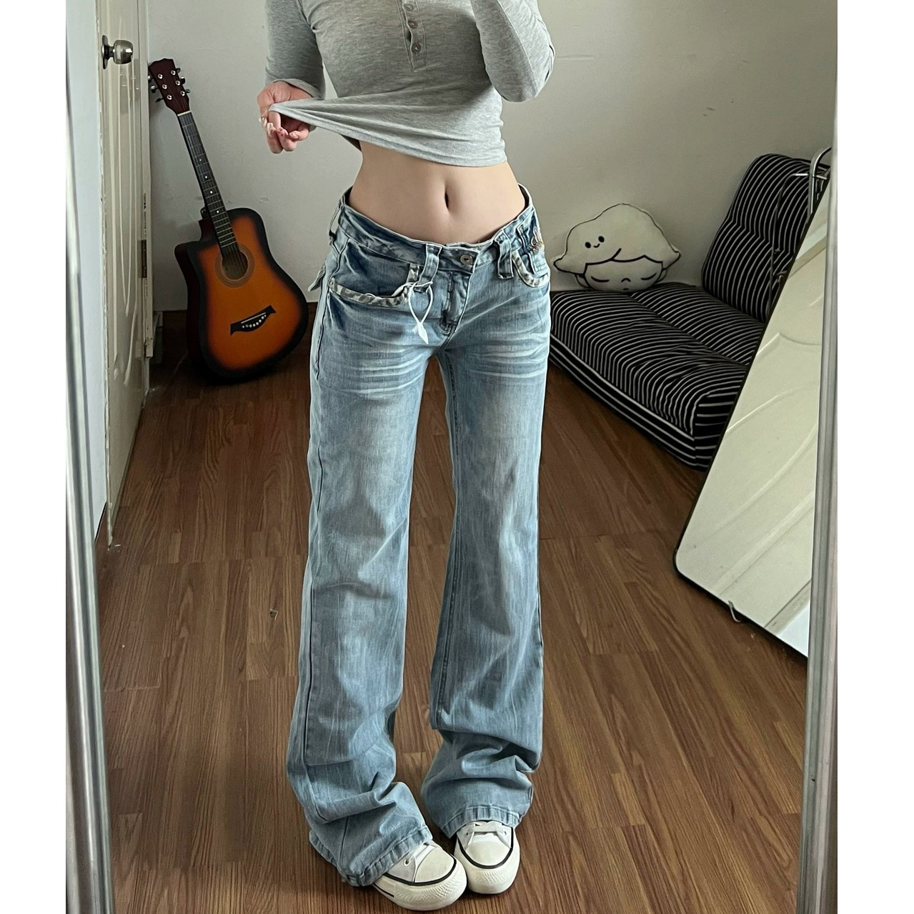 早秋季新款美式辣妹百搭辣妹低腰豹纹口袋牛仔裤女修身显瘦喇叭裤