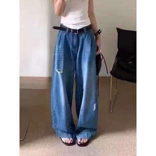 女 2025夏季 新款 复古休闲宽松休闲高腰显瘦弯刀长裤 破洞阔腿牛仔裤