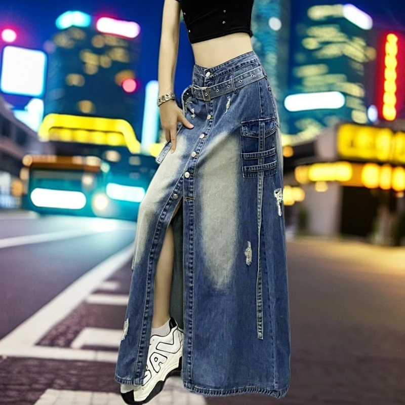 高腰显瘦开叉排扣中长款牛仔裙女