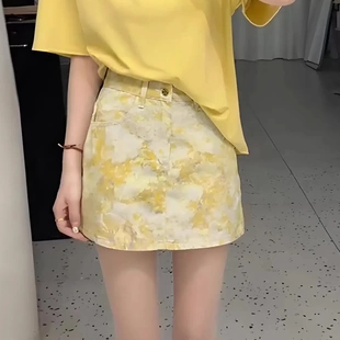 新款 2025年夏季 复古扎染碎花牛仔半身裙女防走光高腰显瘦包臀短裙