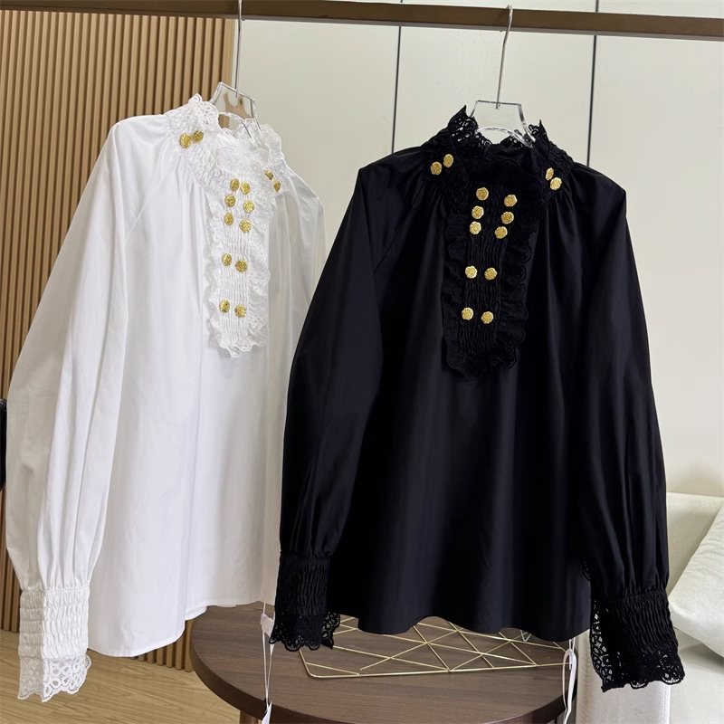 立领金扣减龄白色长袖衬衫上衣女